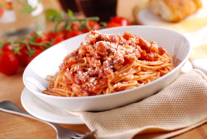 Spaghetti all’amatriciana (red sauce with bacon)